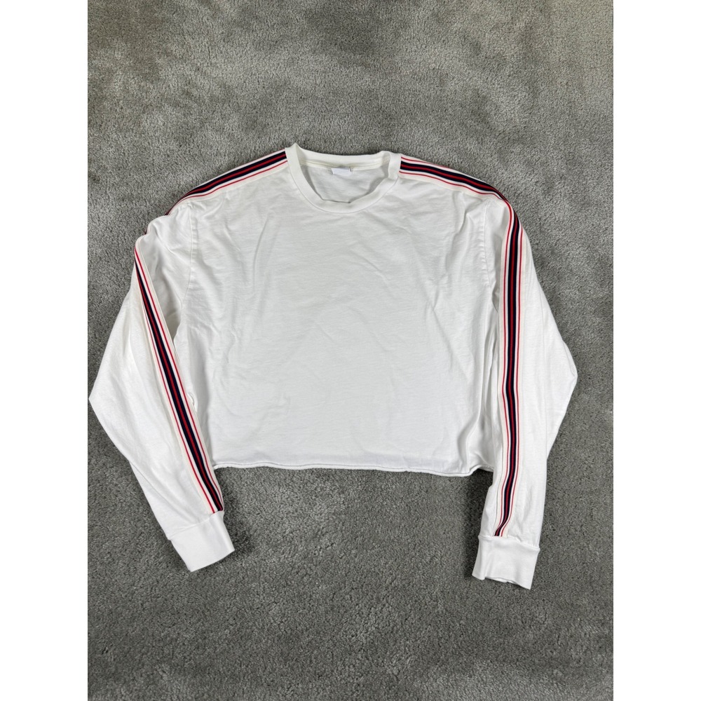 Aritzia Tna White Cropped Long Sleeve T-Shirt Red Blue Stripe M OME3-10085-29